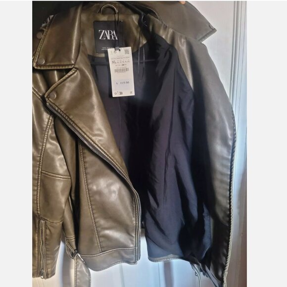 Zara Women XL Faux Leather Distressed Biker Jacket Charcoal Vegan Motorcycle - Picture 13 of 15